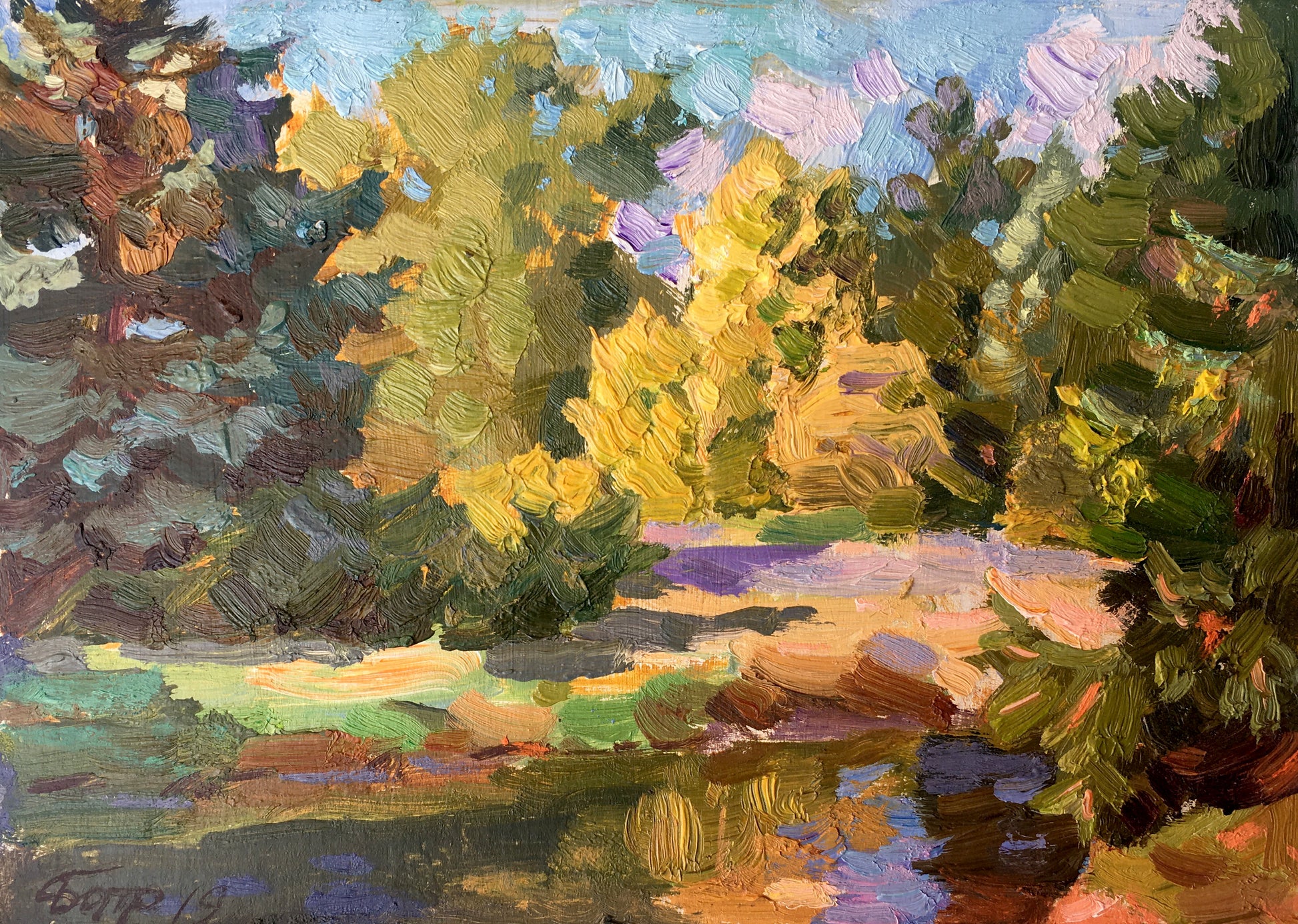 Vibrant impressionist forest painting by Vladimir Batrakov, wholesale original