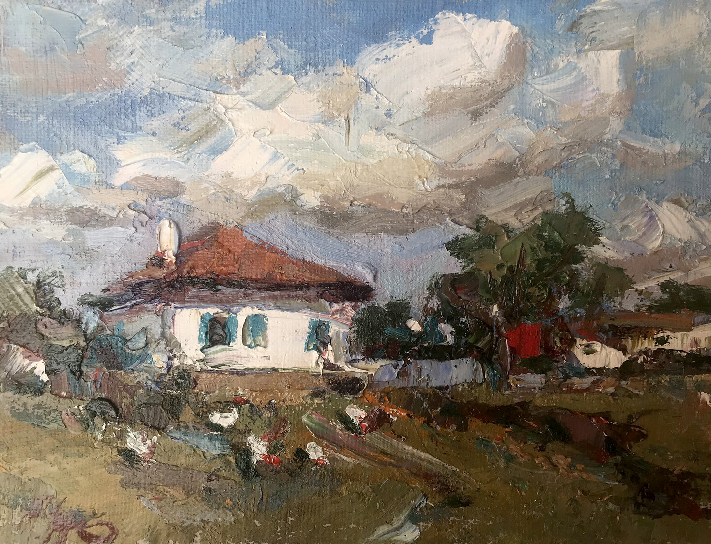 Impressionistic rustic white house with terracotta roof, blue shutters by Alexander Cherednichenko