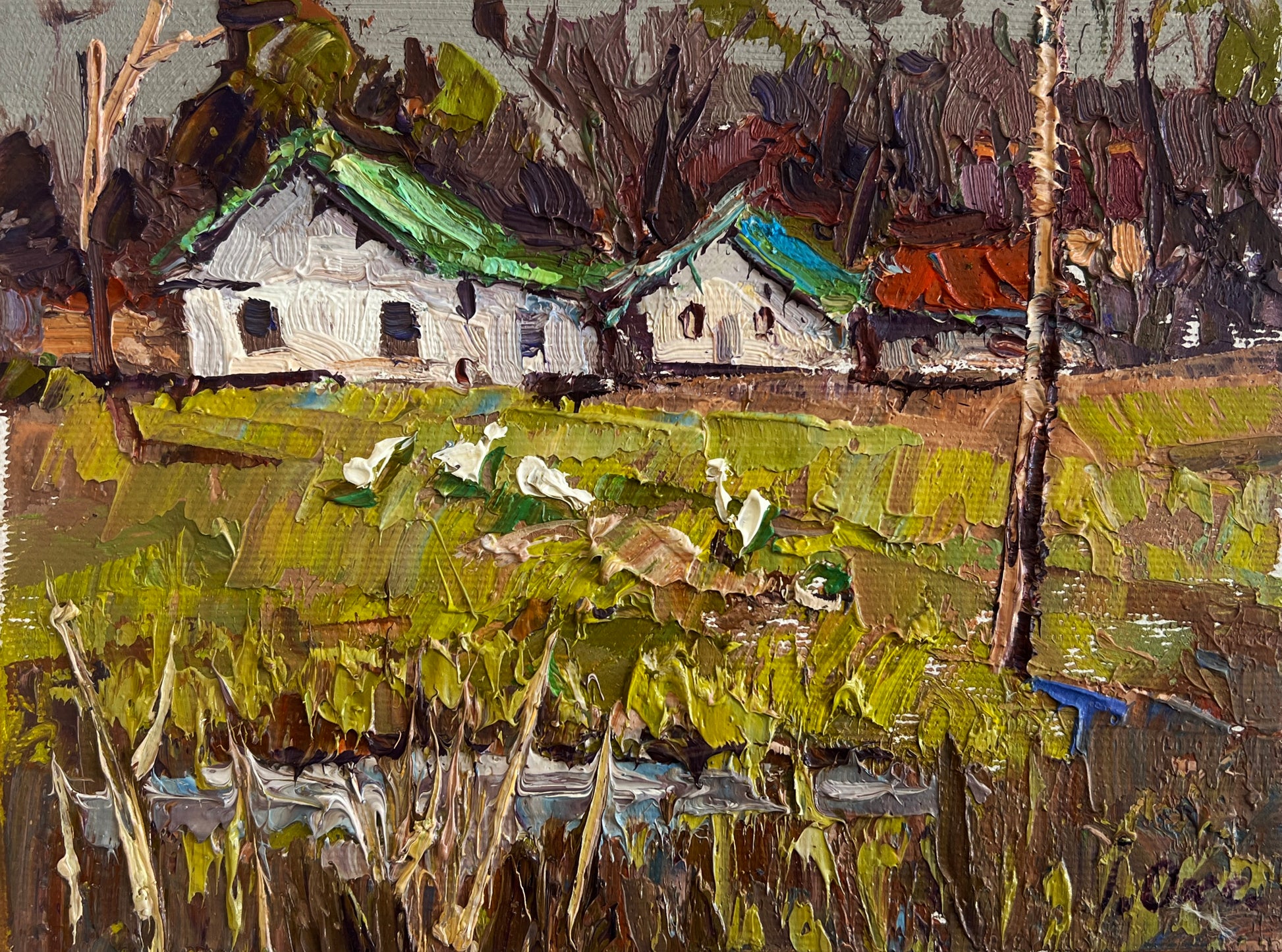 Oleksiy & Oksana Ivaniuk oil painting of white houses with green blue roofs in lush fields