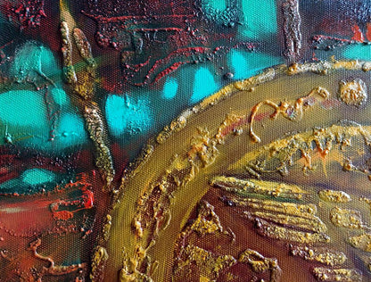 Abstract oil painting Scythian legend by Anatoly Tarabanov in teal, gold, red