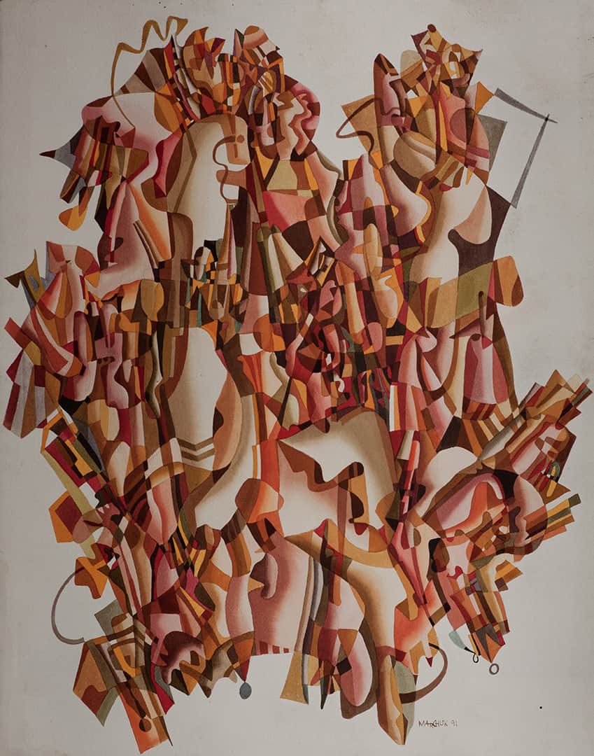 Abstract painting featuring fragmented, geometric forms in warm tones of orange, pink, and beige.