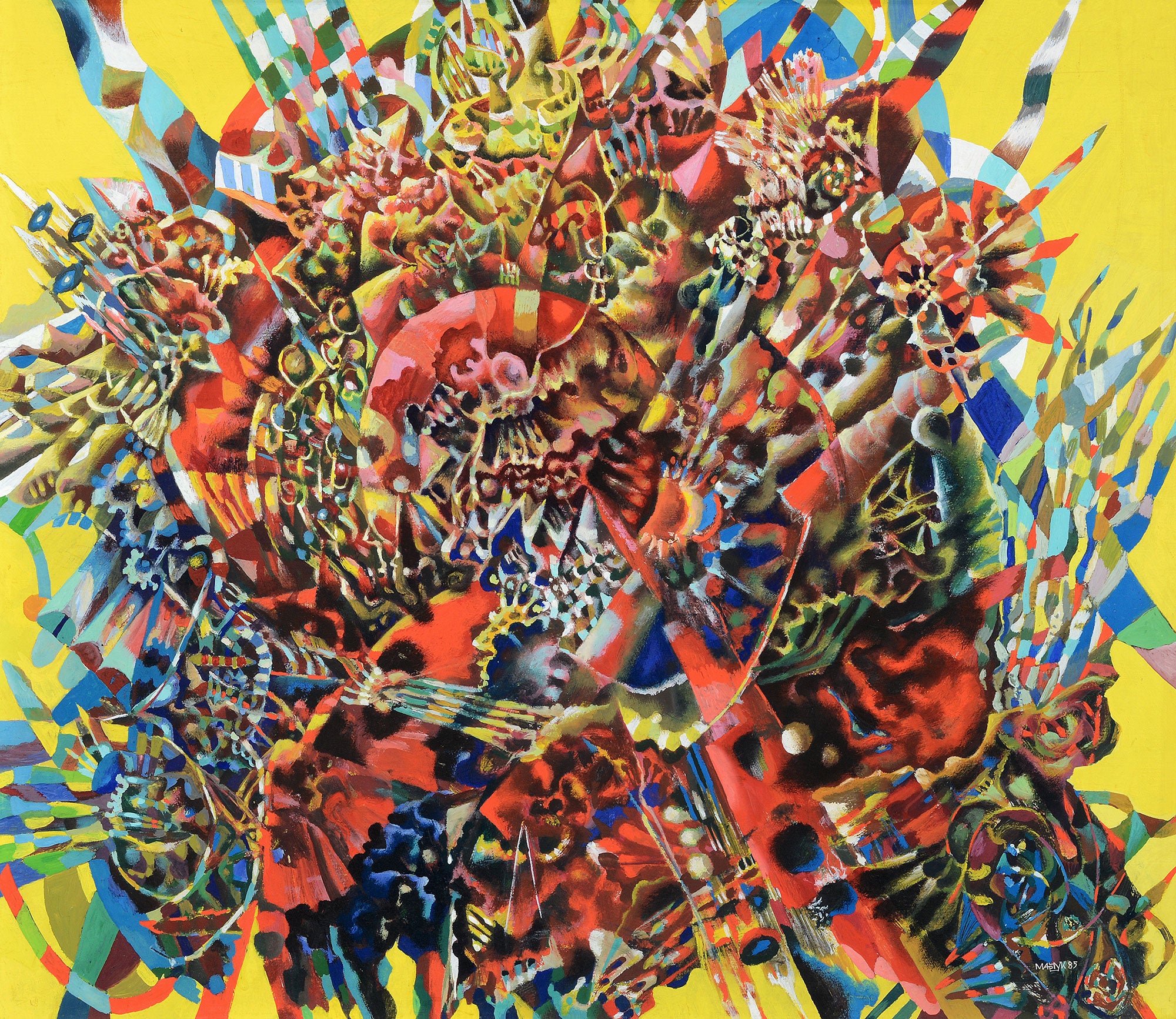 Vibrant abstract painting featuring a chaotic explosion of red, blue, and yellow hues with intricate patterns resembling skulls, flowers, and mechanical elements.