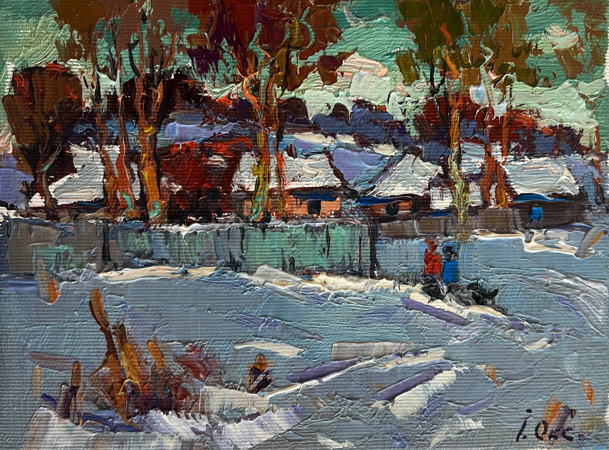 Vibrant impressionist snowy village by Oleksiy and Oksana Ivaniuk