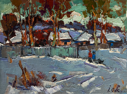 Vibrant impressionist snowy village by Oleksiy and Oksana Ivaniuk