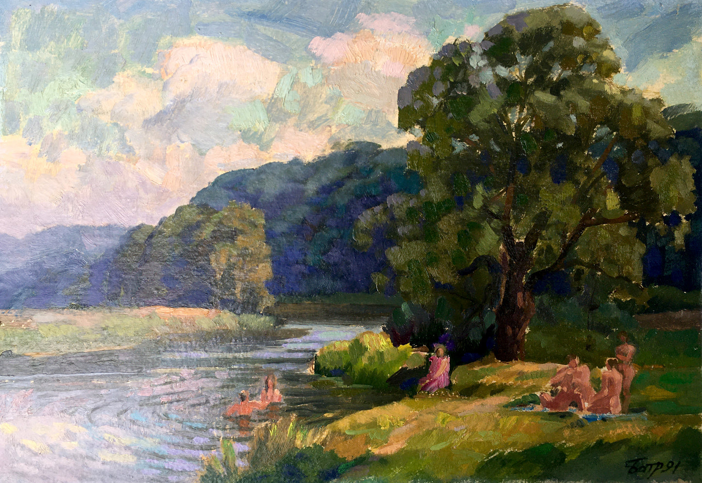 Serene impressionistic tree by river, Vladimir Batrakov original fine art