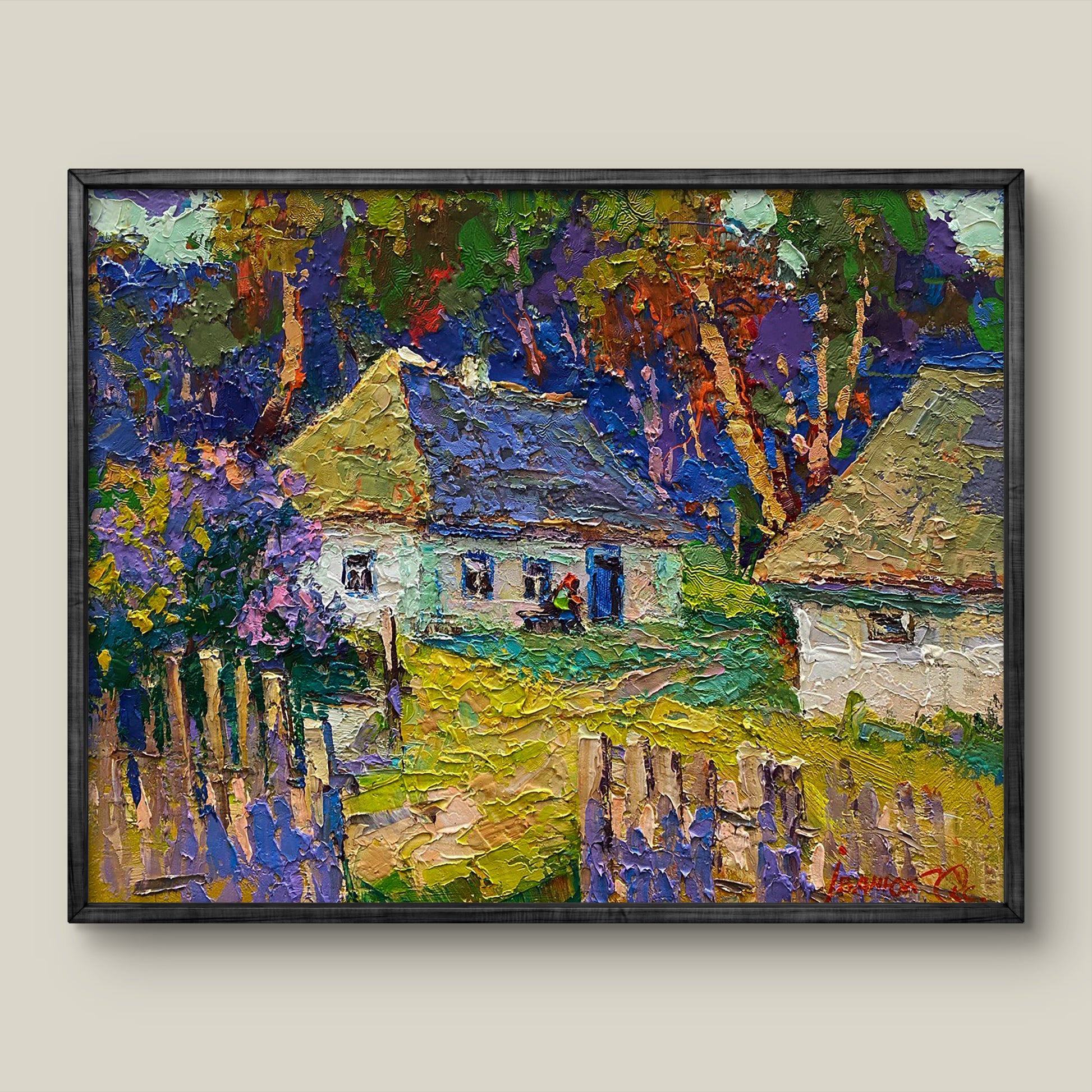 Vibrant impressionist oil painting by Oksana Ivanyuk in black frame