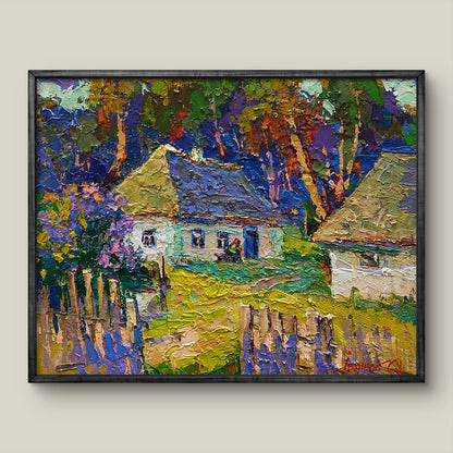 Vibrant impressionist oil painting by Oksana Ivanyuk in black frame