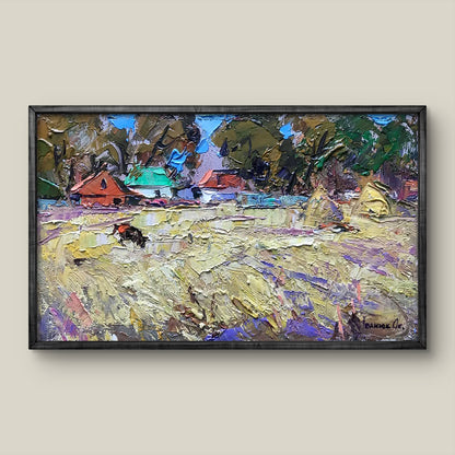 Framed Oil Painting On the Pasture by Ivanyuk Oksana, vibrant impressionist landscape