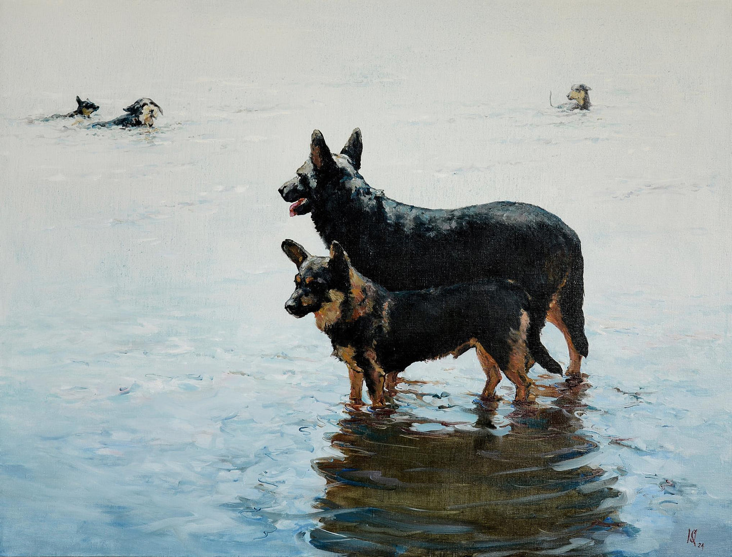 Oil painting Dog Fate by Oleg Kateryniuk: two wet German Shepherds wading
