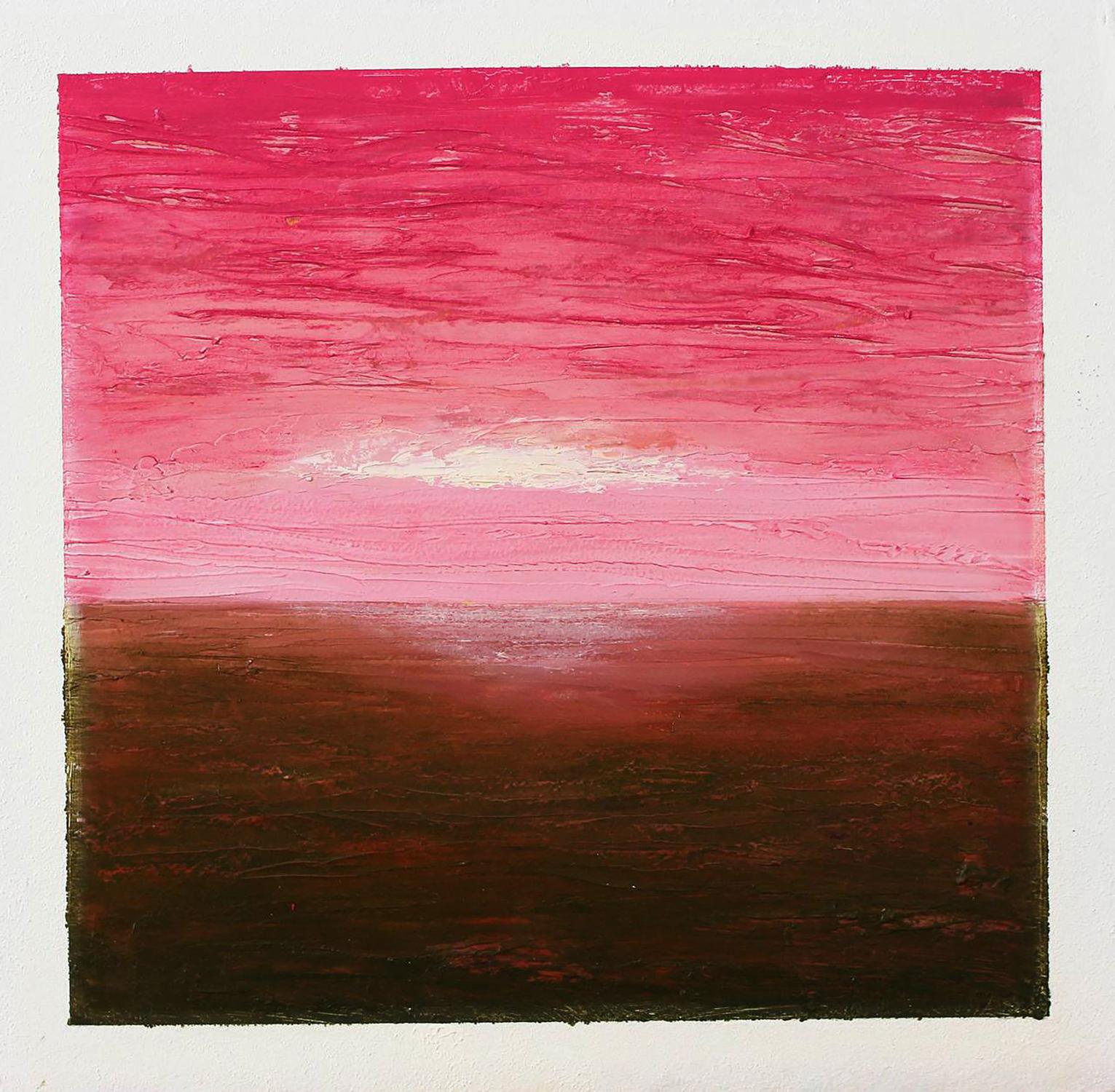 Oil painting Sunrise by Andriy Klishyn: vibrant pink sunset over dark water