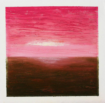 Oil painting Sunrise by Andriy Klishyn: vibrant pink sunset over dark water