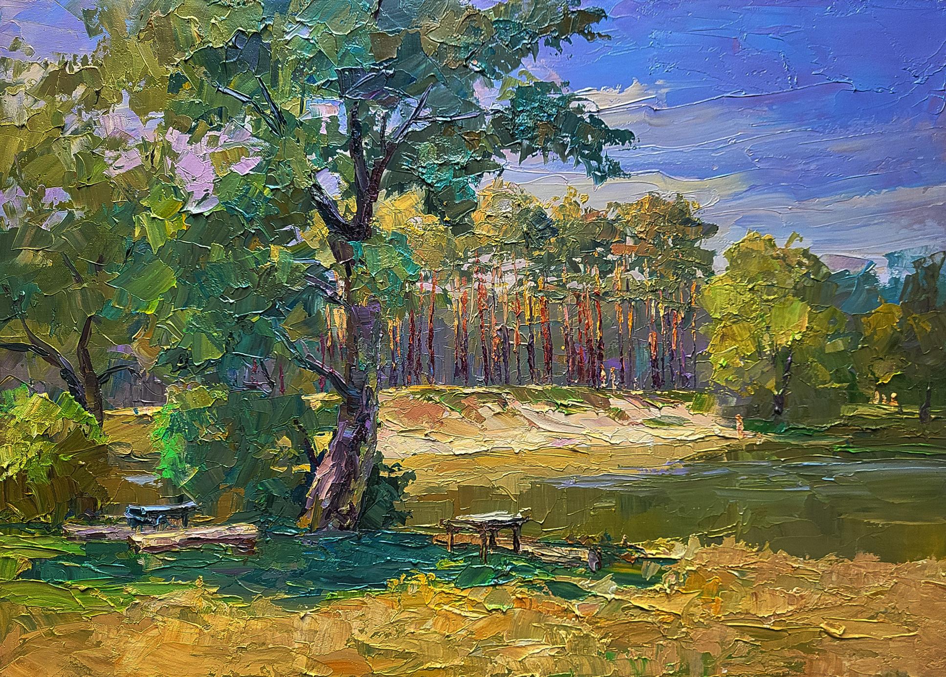 Vibrant impressionist oil painting The edge of the village by Boris Serdyuk, sunlit lakeside with benches