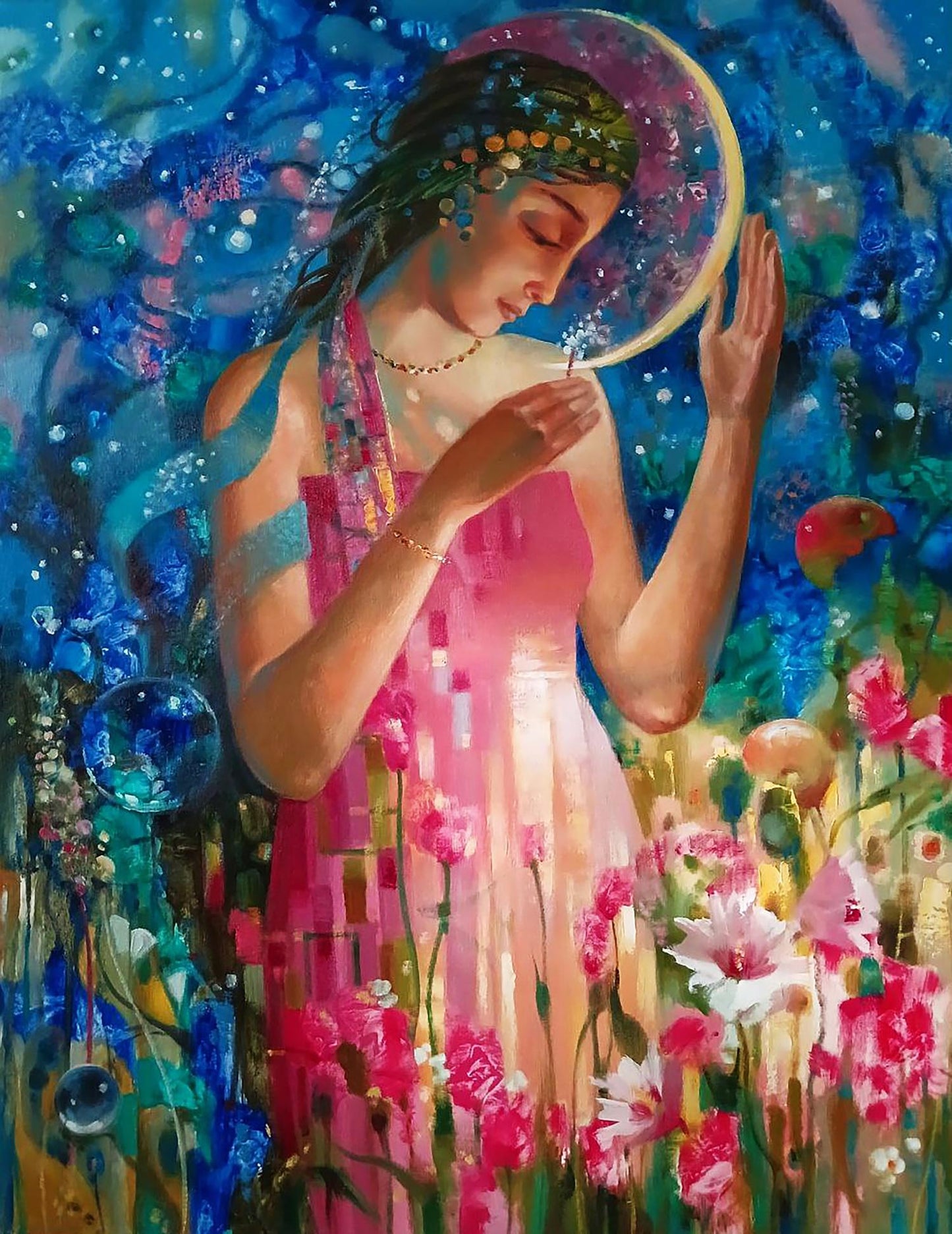 Abstract oil painting The Glow of the Moon by Anatoly Tarabanov: woman in pink dress with gold jewelry amid flowers under starry sky
