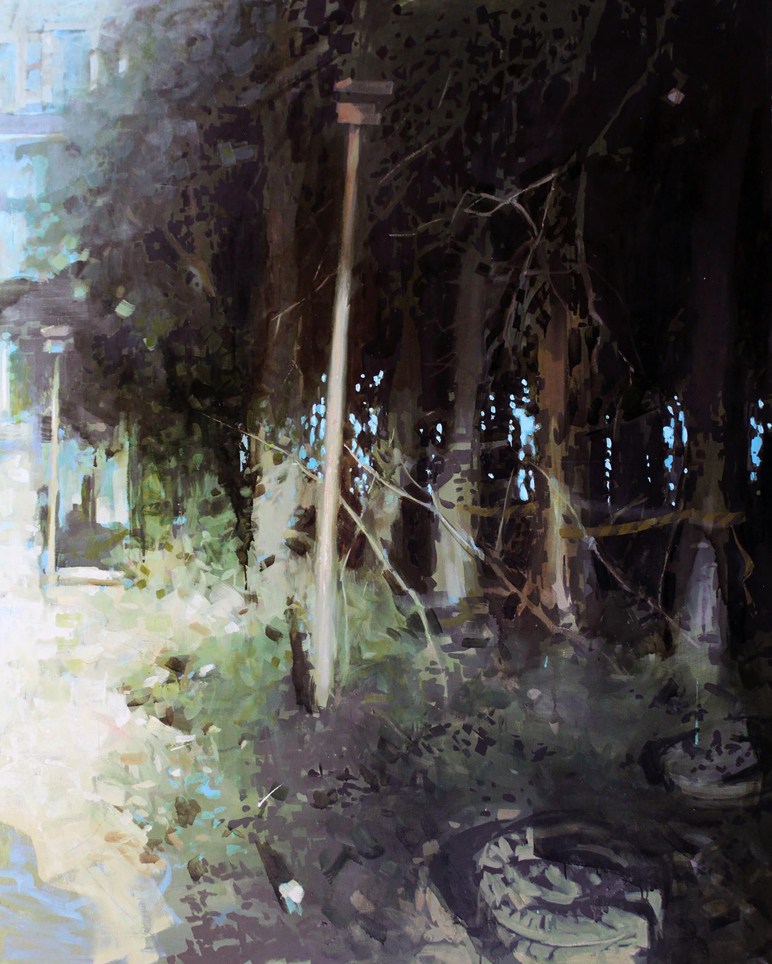 Oil painting Outskirts by Ed Potapenkov: tall wooden pole in overgrown foliage