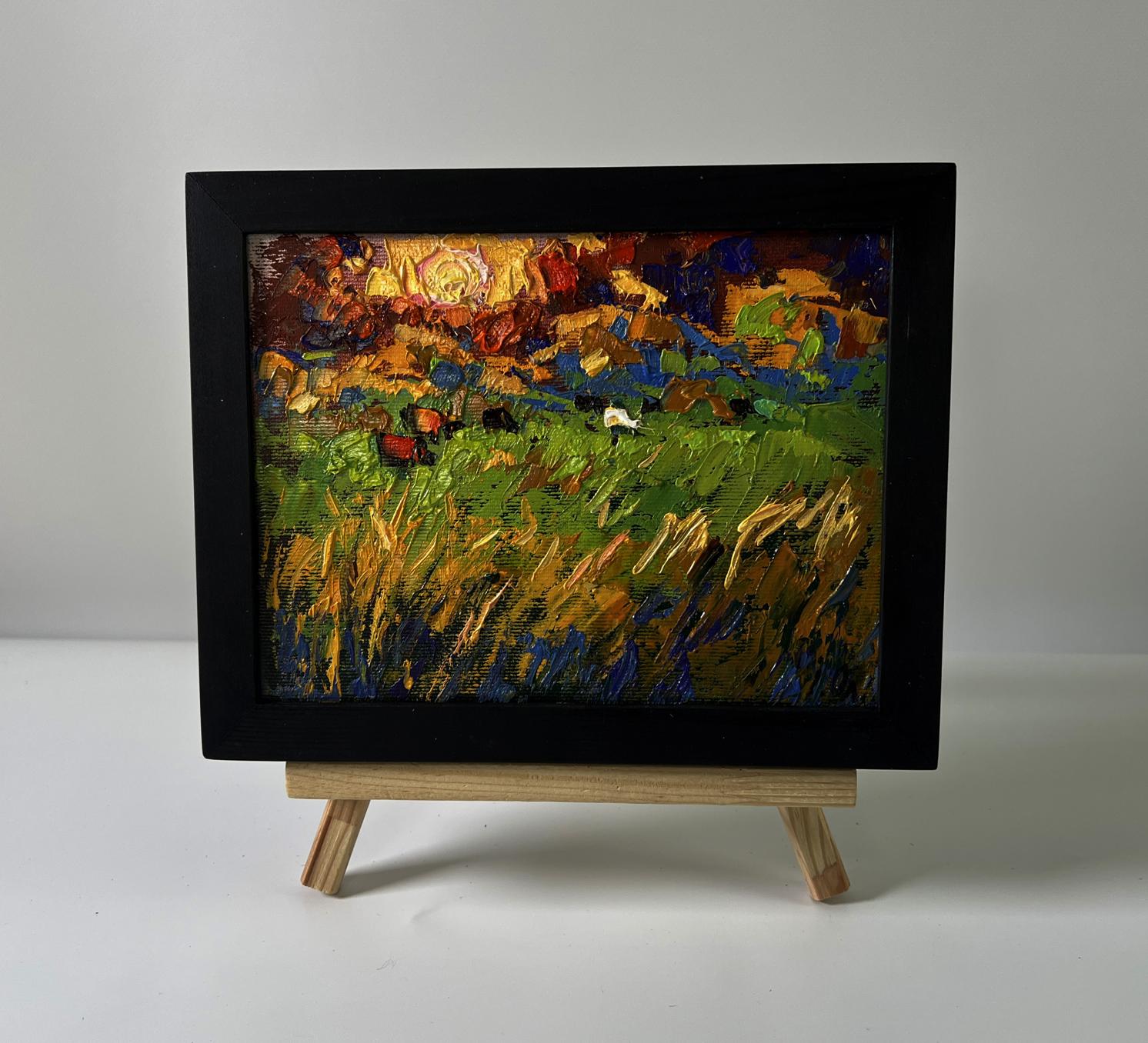 Oil painting Sunset over the meadows by Oleksiy Ivanyuk in black frame