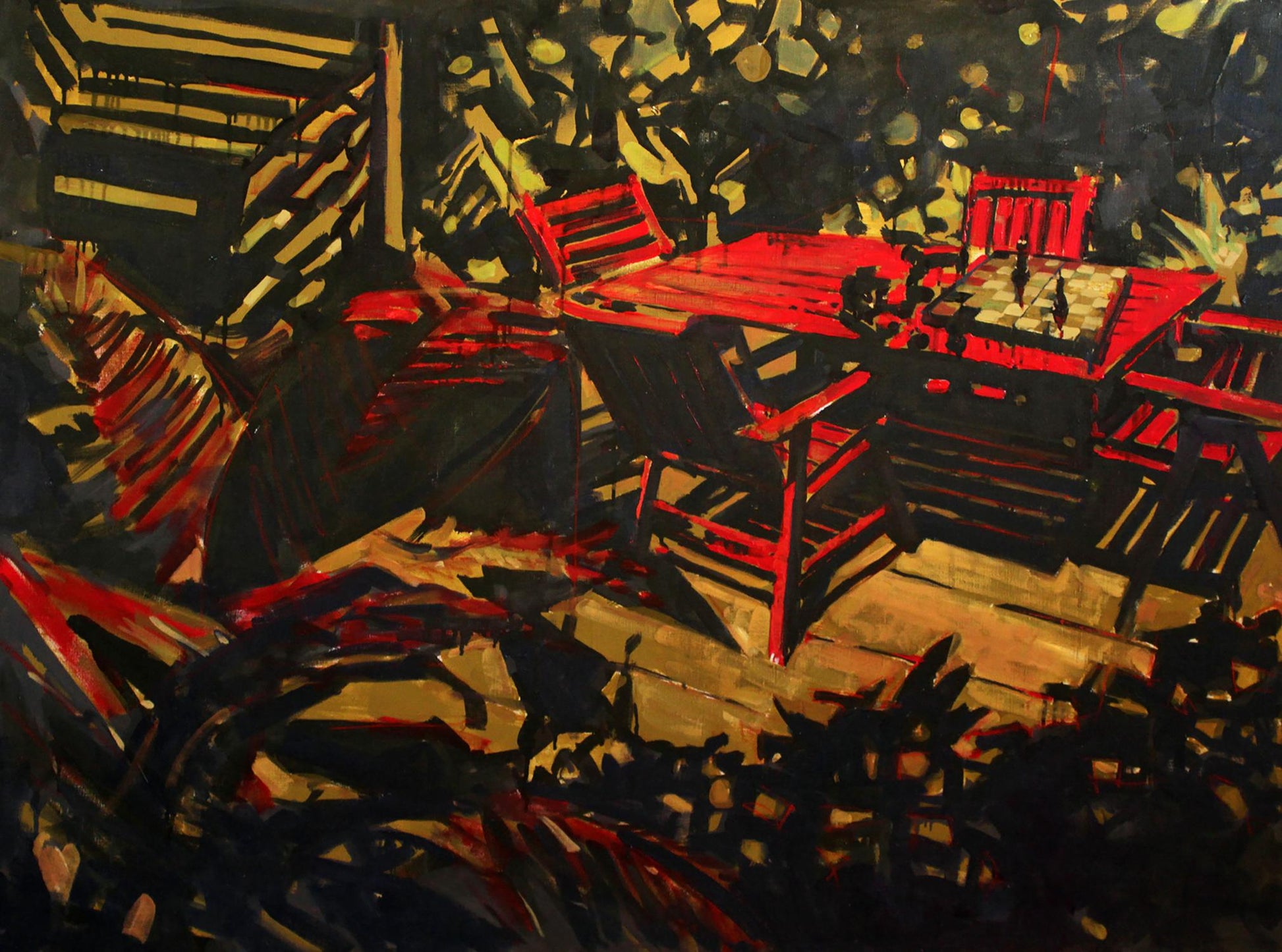 Vibrant red wooden chess table oil painting Heat Ed Potapenkov against dark foliage