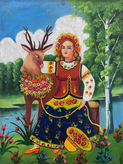 Oil painting portrait of girl in folk costume with embroidered deer and roses