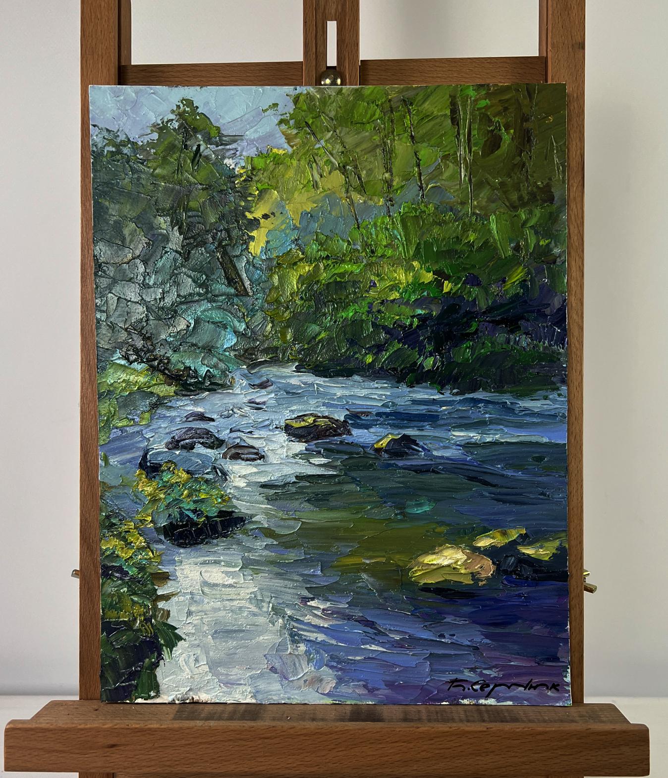 Vibrant impasto oil painting of crystal water among rocky giants by Boris Serdyuk