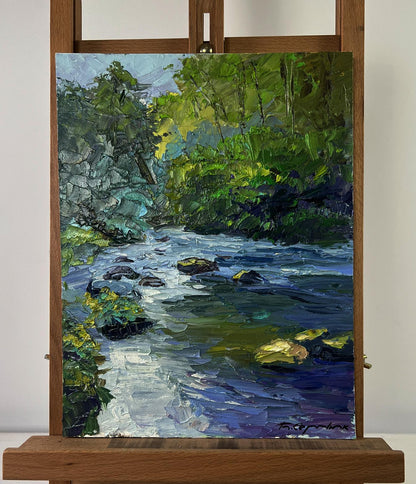 Vibrant impasto oil painting of crystal water among rocky giants by Boris Serdyuk
