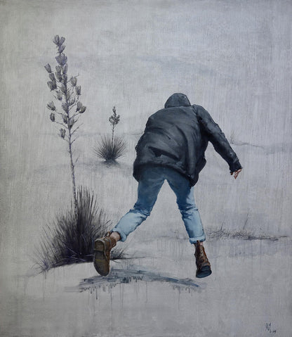 Oil painting Escape from Reality by Oleg Kateryniuk: hooded figure mid-stride