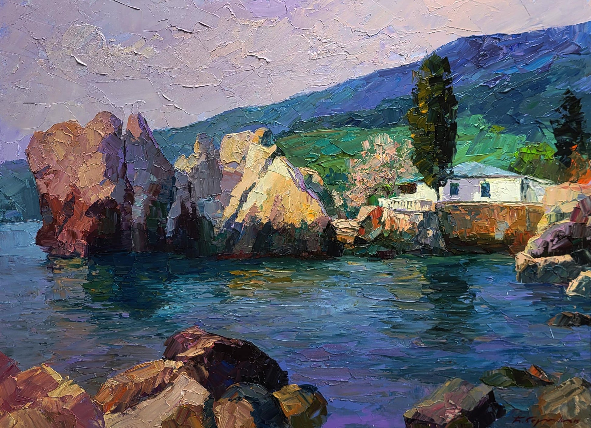 Oil painting Morning at sea by Boris Serdyuk: impressionistic coastal landscape