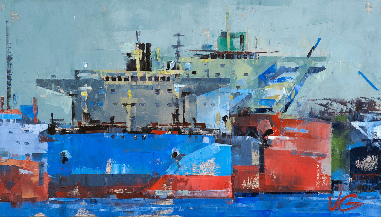 Oil painting of big cargo ship by Volodymyr Gluhomanyuk