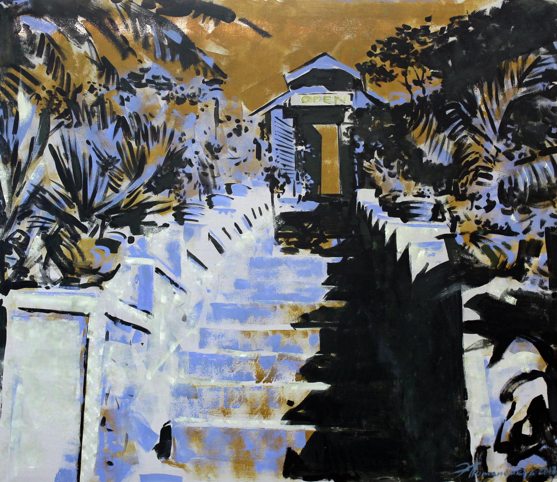 Stylized oil painting Open Ed Potapenkov: staircase to open doorway in blue black foliage ochre sky