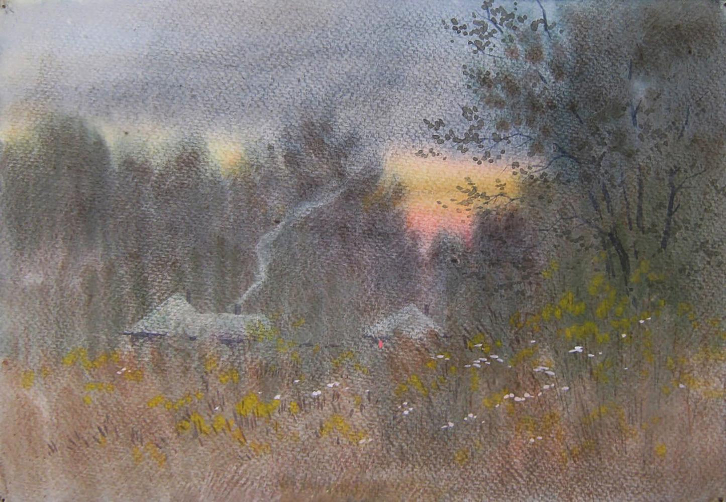 Watercolor painting Autumn evening in village by Valery Savenets