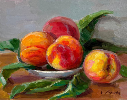 Oil painting of ripe peaches in white bowl by Vyacheslav Pereta