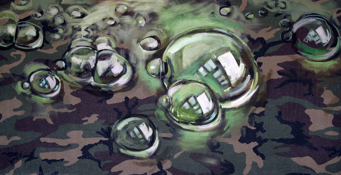 Oil painting Bubbles Ed Potapenkov: transparent reflective water droplets on camouflage surface