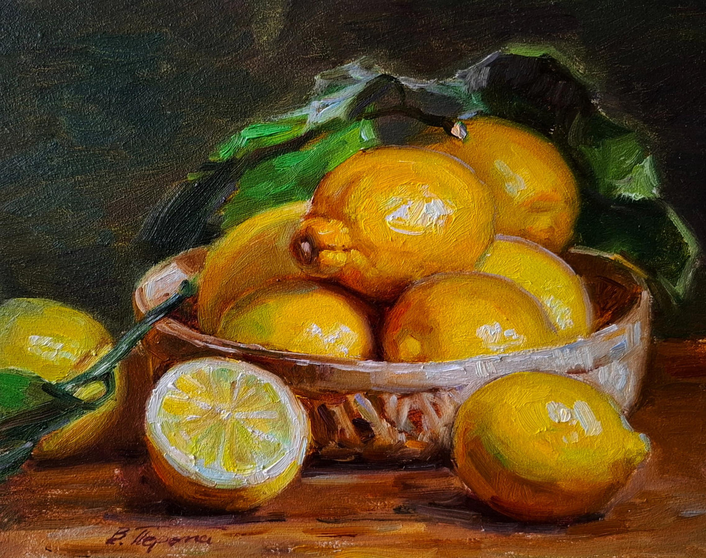Oil painting Still life with lemons by Vyacheslav Pereta: woven basket of vibrant yellow lemons
