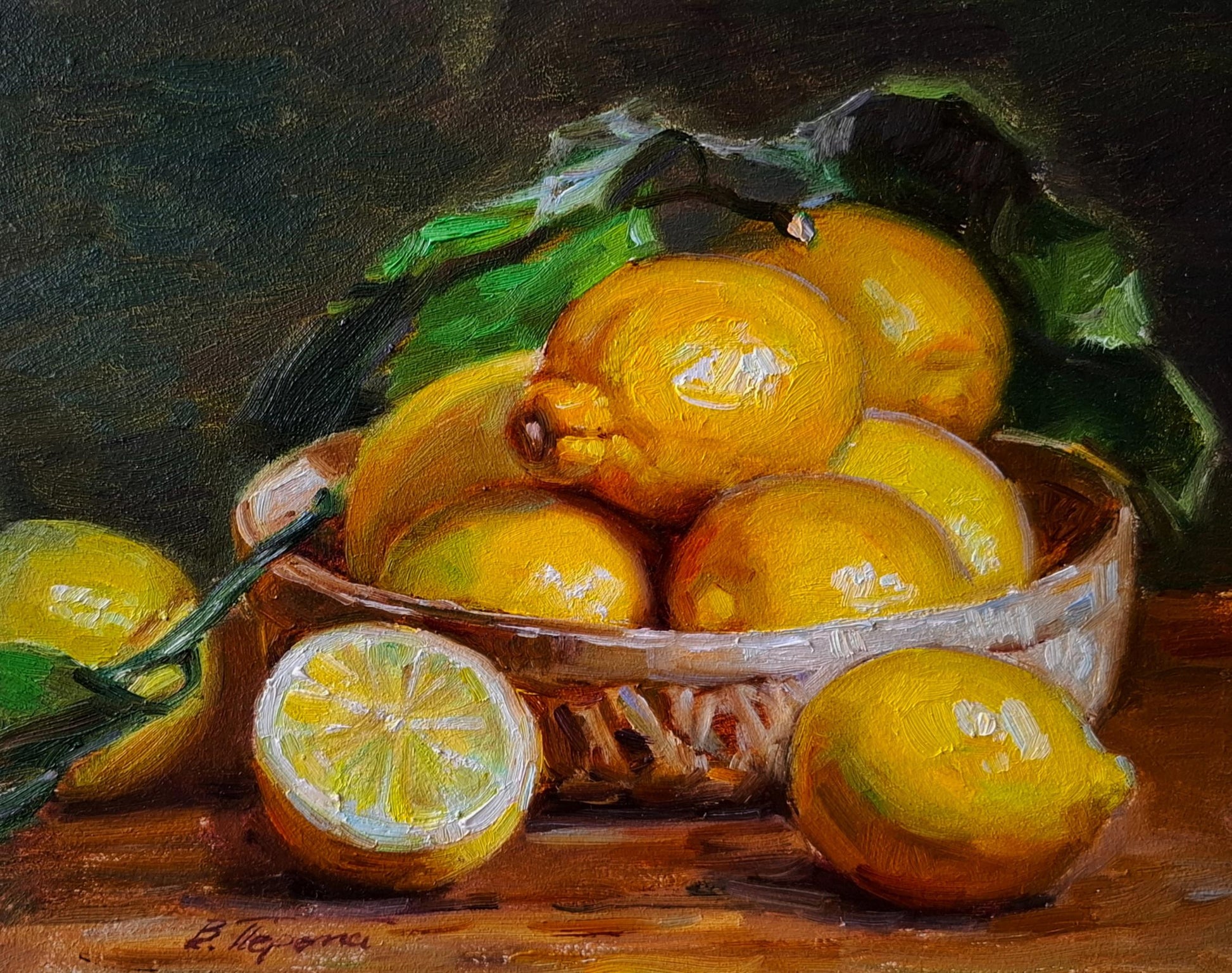 Oil painting Still life with lemons by Vyacheslav Pereta: woven basket of vibrant yellow lemons