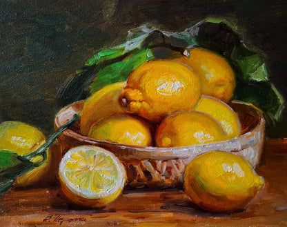 Oil painting Still life with lemons by Vyacheslav Pereta: woven basket of vibrant yellow lemons