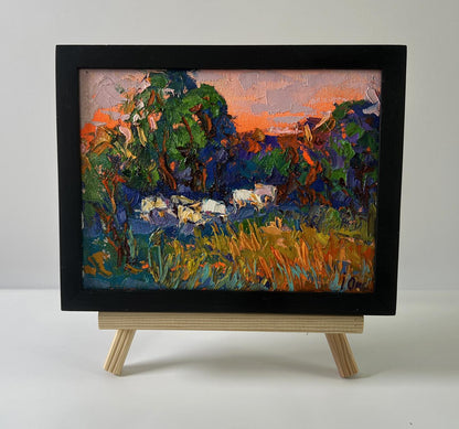 Oil painting Forest evening by Oksana Ivanyuk with grazing cows sunset