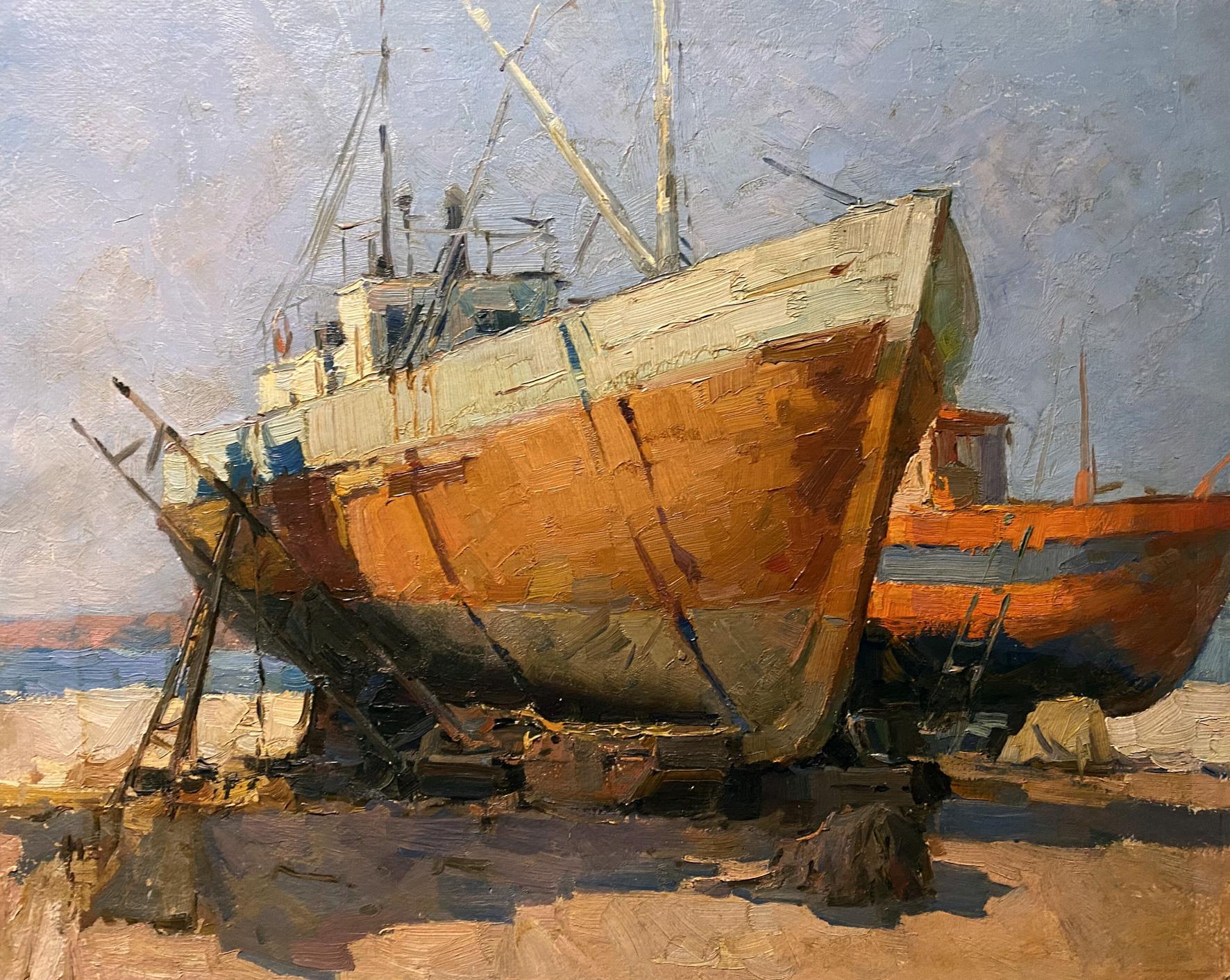 Weathered orange and white fishing boat with rust on wooden supports, Osipov Alexander oil painting