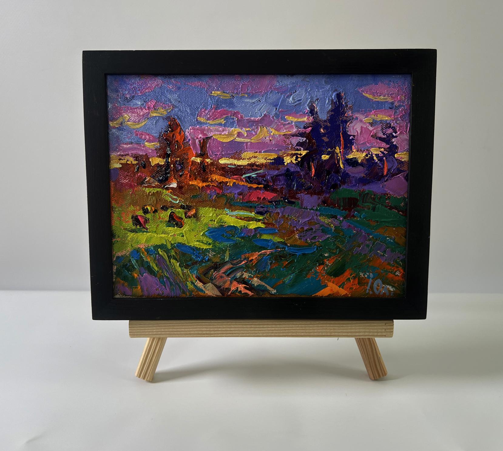Oil painting Summer blue night by Oleksiy Ivanyuk, vibrant sunset landscape