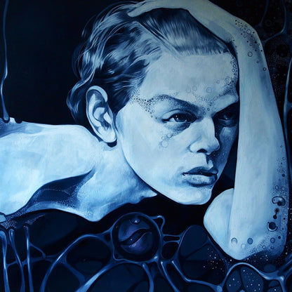 Striking blue-toned oil portrait of woman by Konsta G. Amelinn, After a hard week