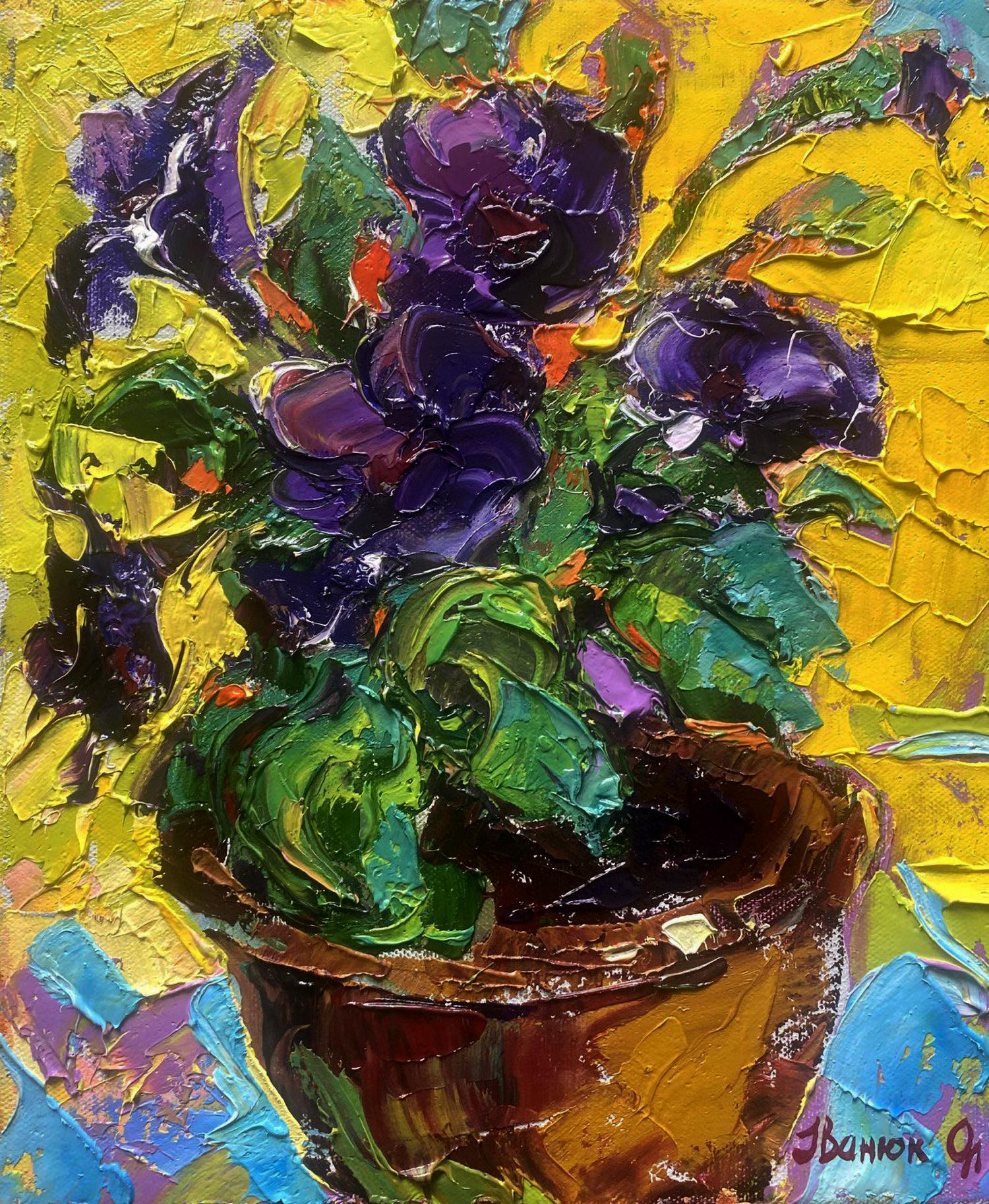 Oil painting of vibrant purple green petunias in brown ceramic pot by Oleksiy Ivanyuk