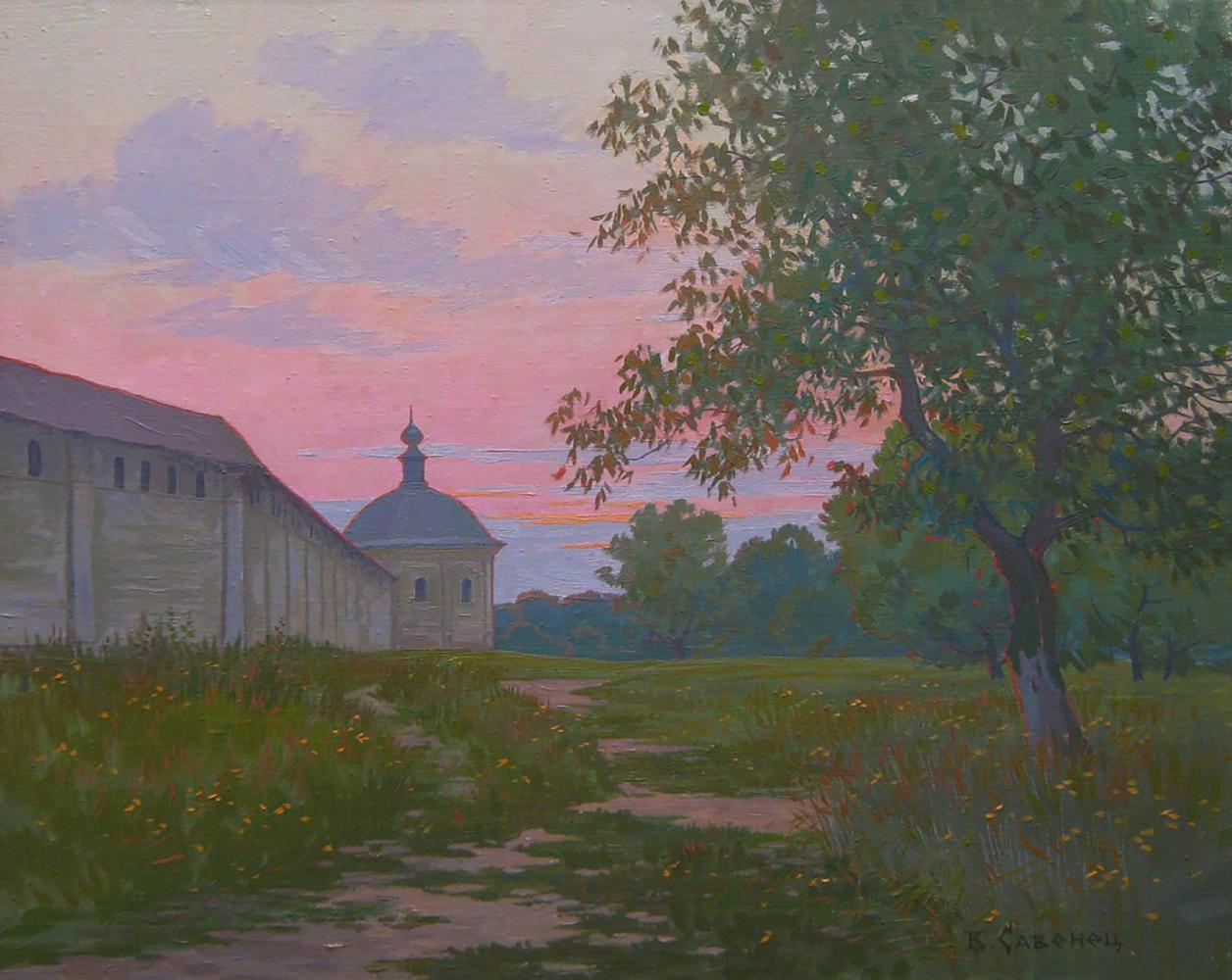 Serene oil painting of white stone church at warm summer evening twilight by Valery Savenets