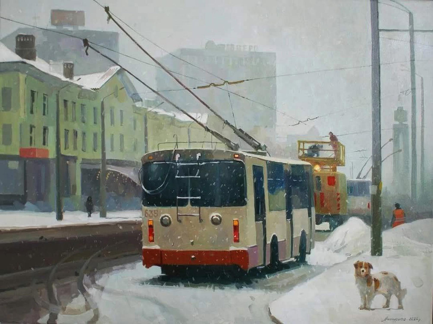 Rear view of cream trolleybus 639 with red trim in Anastasia Yaroshevich oil painting