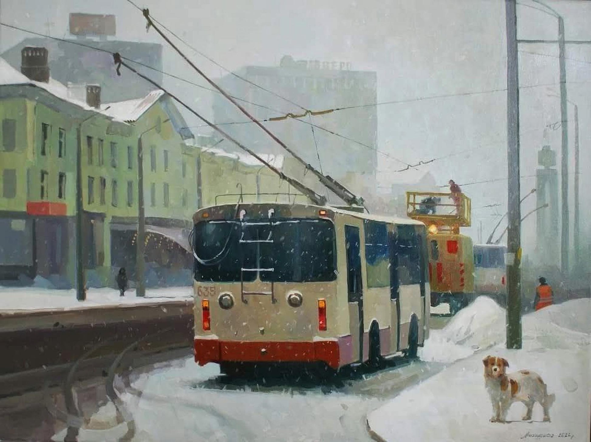 Rear view of cream trolleybus 639 with red trim in Anastasia Yaroshevich oil painting