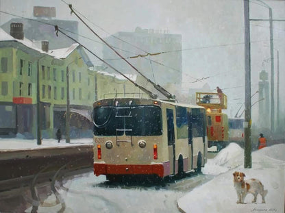 Rear view of cream trolleybus 639 with red trim in Anastasia Yaroshevich oil painting