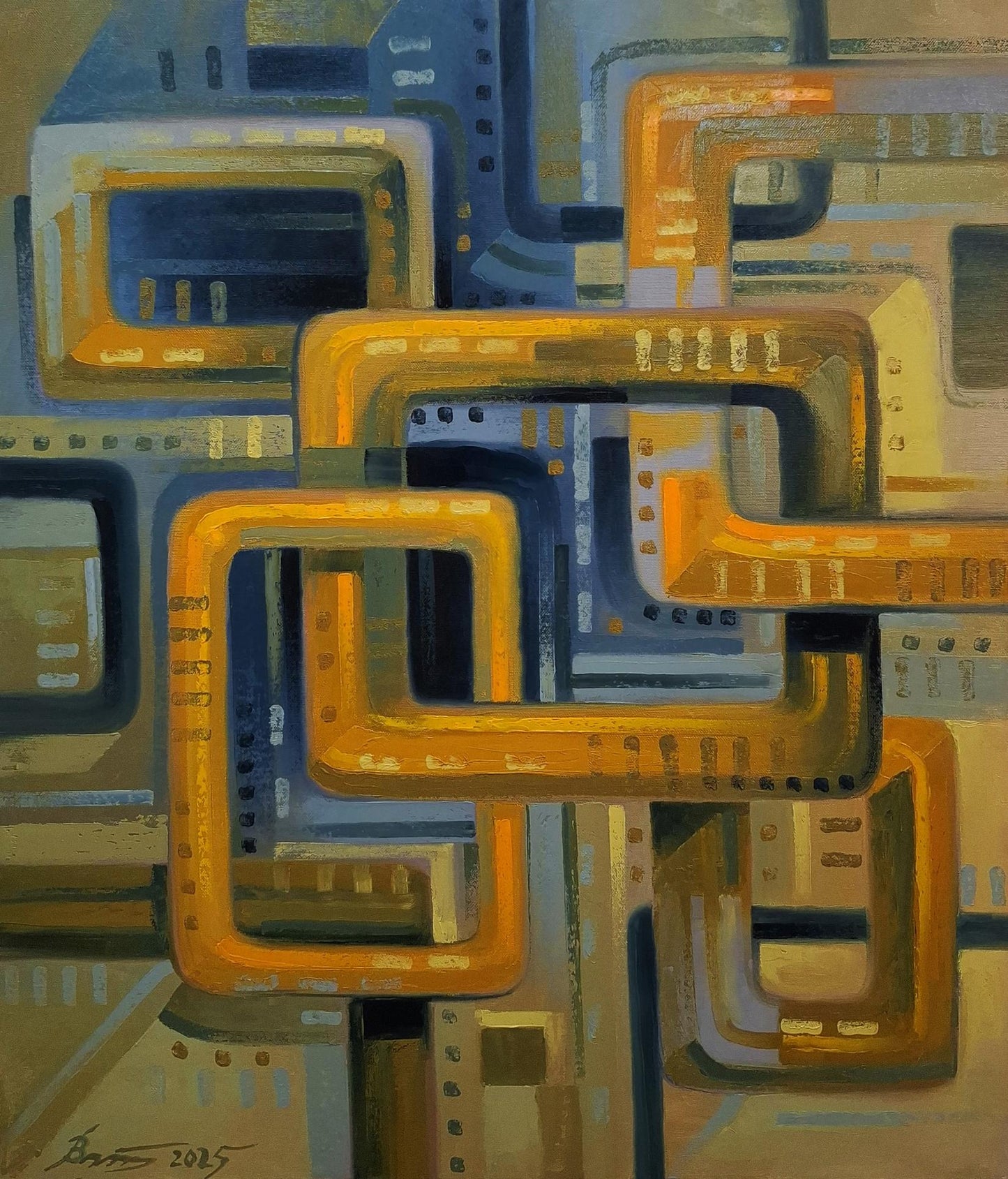 Oil painting Interaction by Sergiy Voichenko: orange blue geometric shapes