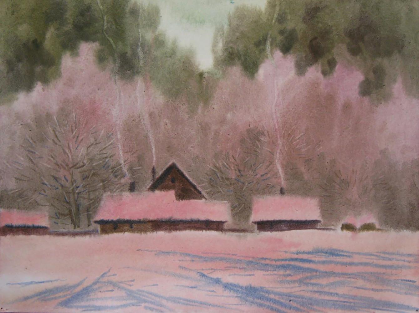 Watercolor painting Winter evening by Valery Savenets snowy landscape