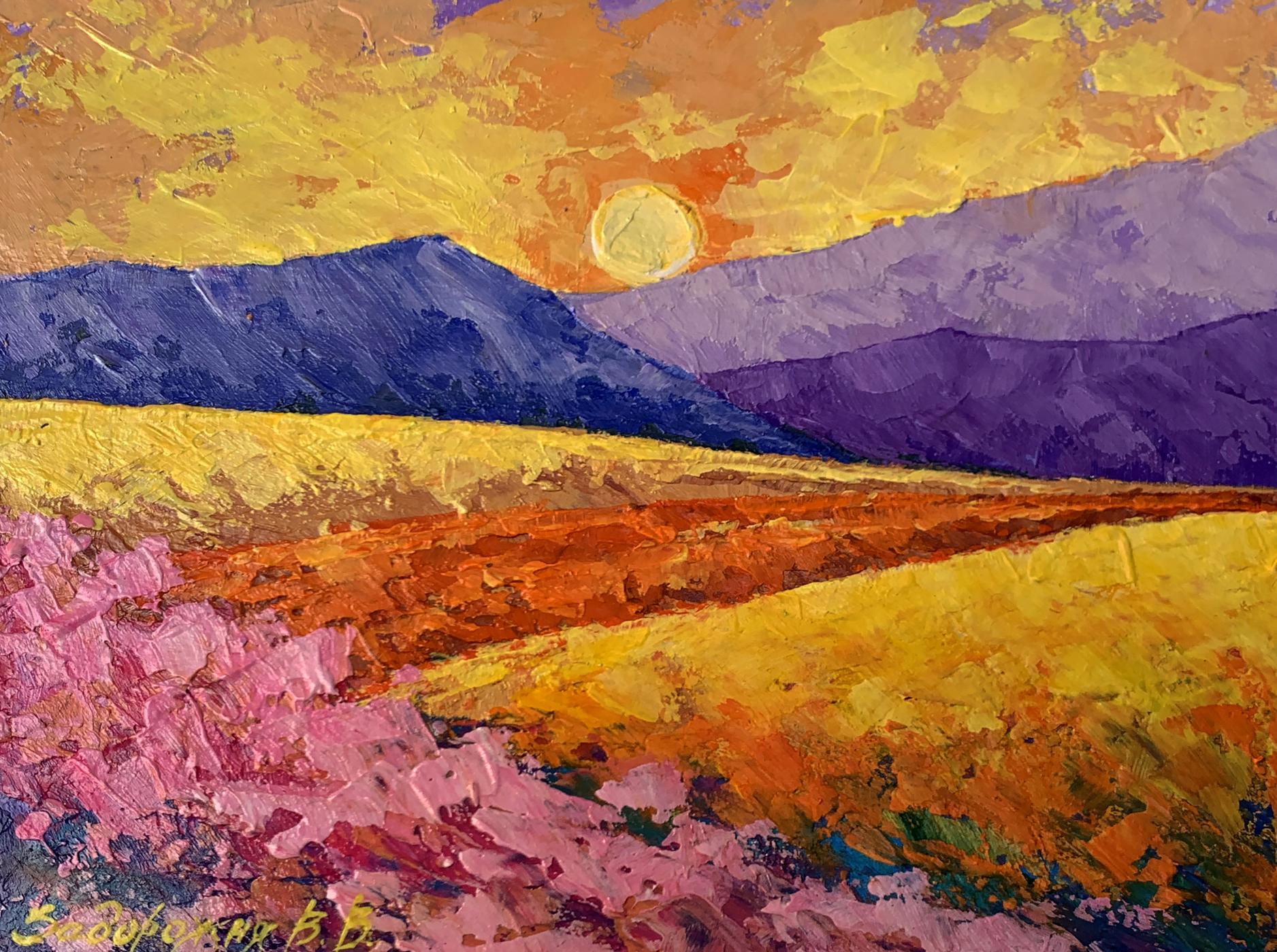 Vibrant impressionist oil painting Sun over the mountains by V. Zadorozhnya