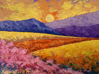 Vibrant impressionist oil painting Sun over the mountains by V. Zadorozhnya