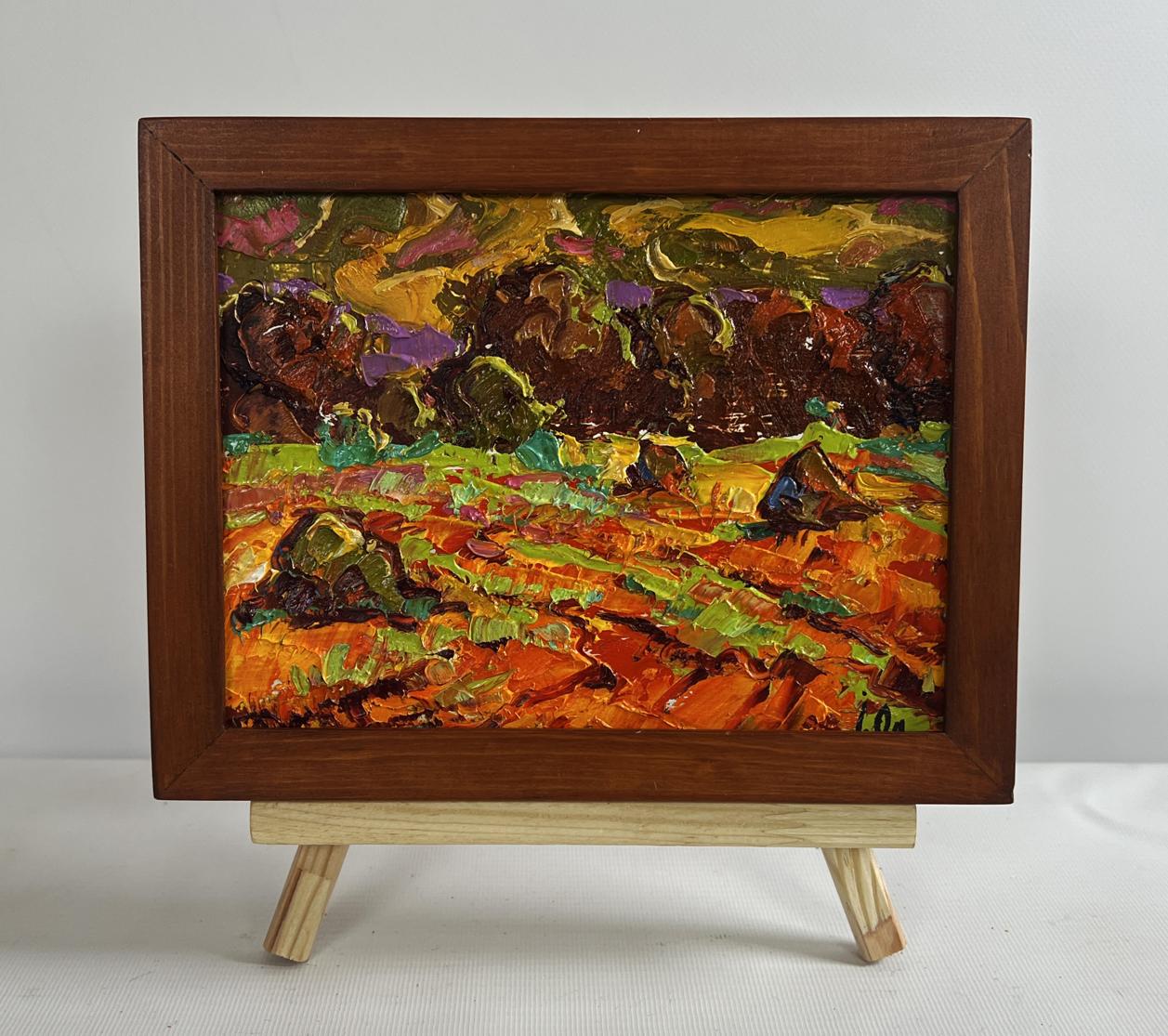 Oil painting Golden haystacks by Oleksiy Ivanyuk in wooden frame