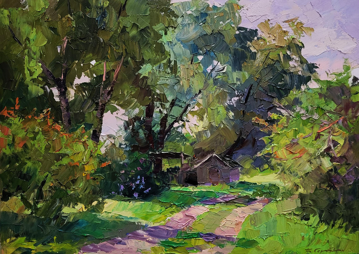 Oil painting of green spring leaves on forest path to cabin by Boris Serdyuk