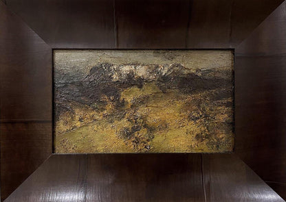 Oil painting Landscape in the Valley by Arsen Rustamov, textured earthy mountains in dark wood frame