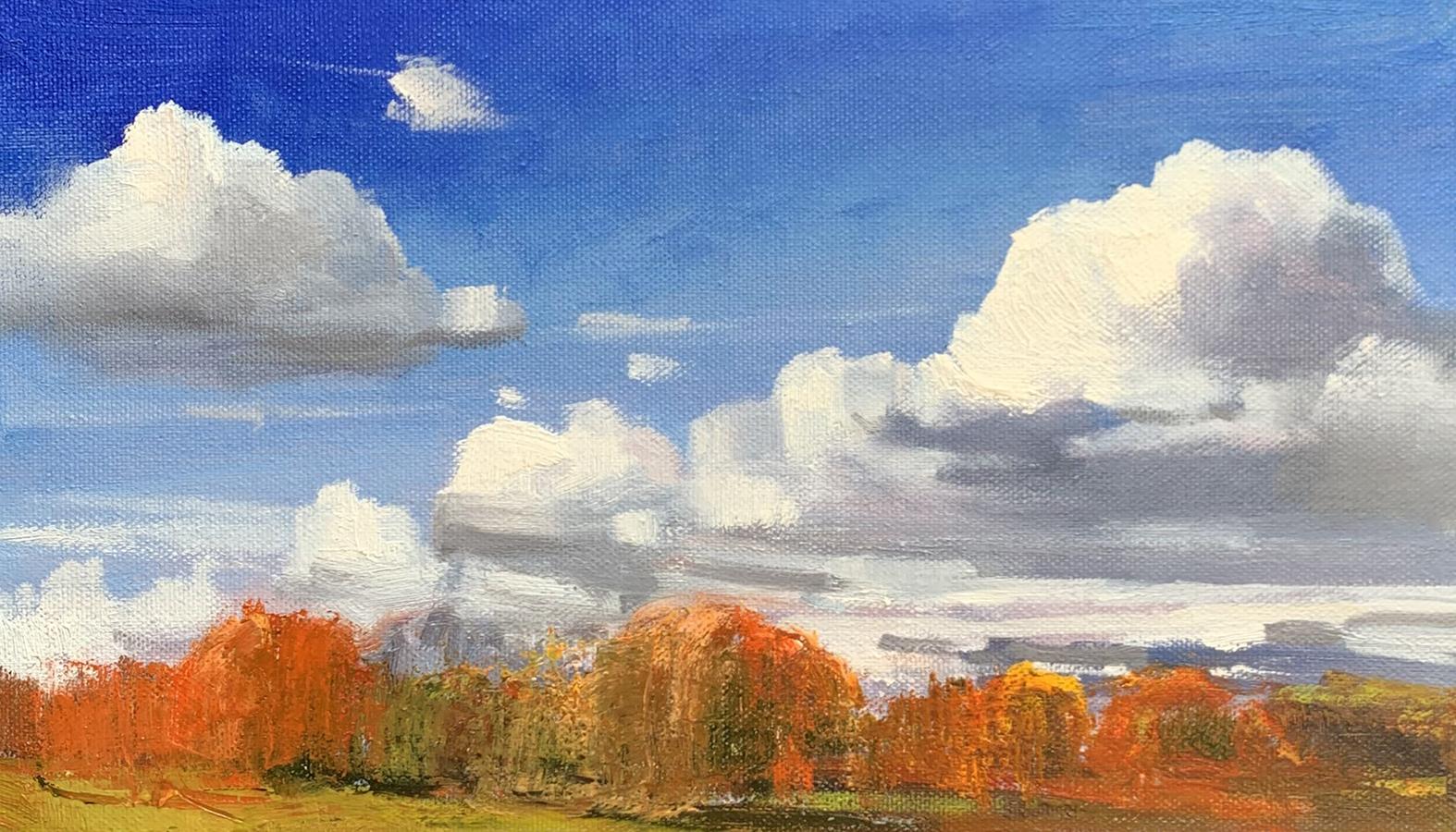 Oil painting by Tatyana Derdey: vibrant orange autumn trees under blue sky